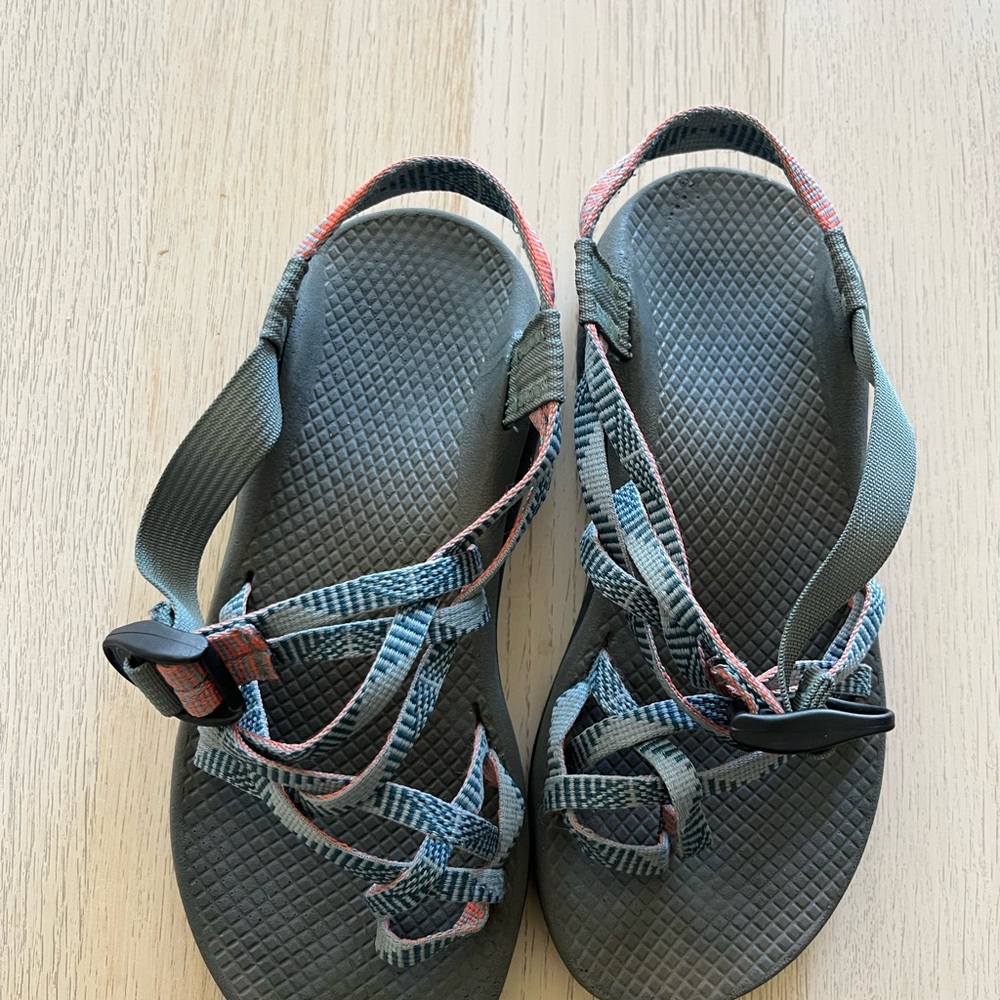 Chaco Women's Gray Sandals with Coral and Light Blue Straps